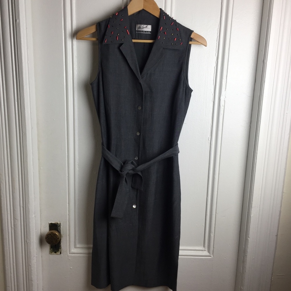 Vintage gray button up wrap dress embroidered - Picture 1 of 5